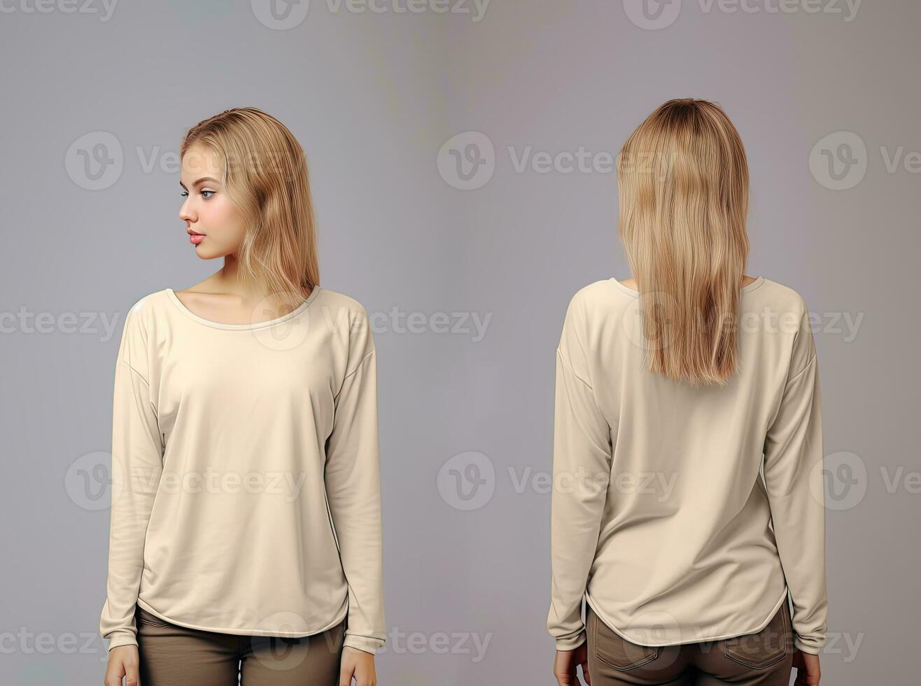 vrouw vervelend een beige t-shirt met lang mouwen. voorkant en terug visie. ai gegenereerd foto