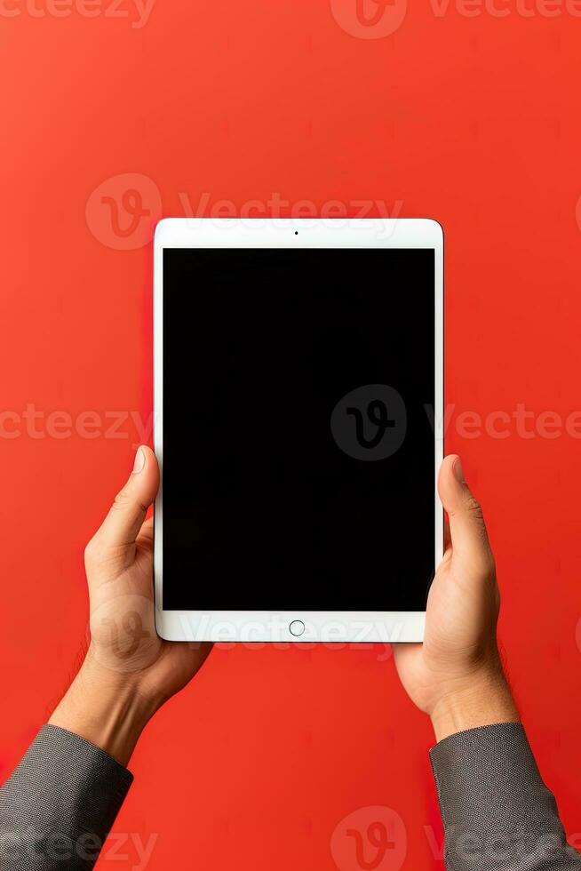 hand- Holding tablet met mockup blanco scherm geïsoleerd Aan rood achtergrond. ai gegenereerd foto