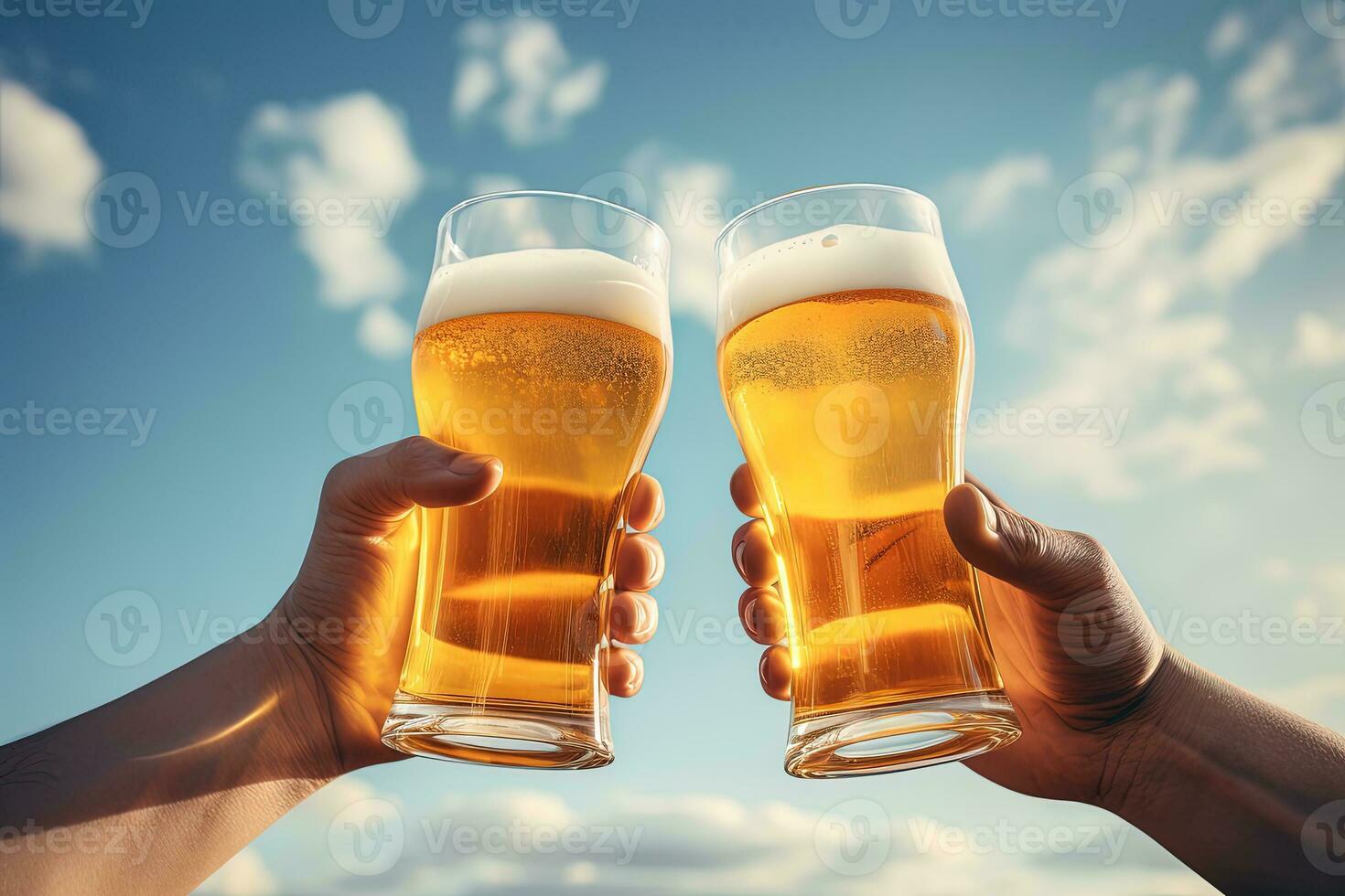 handen roosteren met bril van bier geïsoleerd Aan lucht achtergrond. ai gegenereerd foto