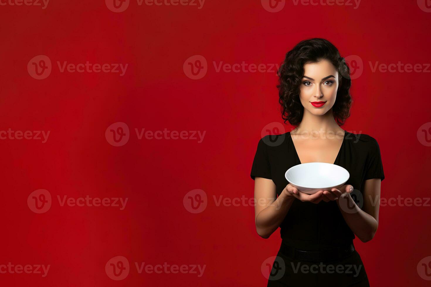 jong mooi elegant vrouw Holding een leeg bord of schotel geïsoleerd Aan rood achtergrond met kopiëren ruimte. ai gegenereerd foto