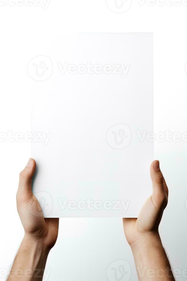 een menselijk hand- Holding een blanco vel van wit papier of kaart geïsoleerd Aan wit achtergrond. ai gegenereerd foto