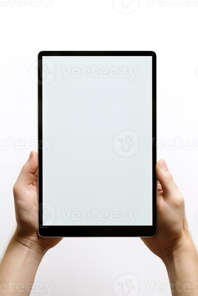 hand- Holding tablet met mockup blanco scherm geïsoleerd Aan wit achtergrond. ai gegenereerd foto