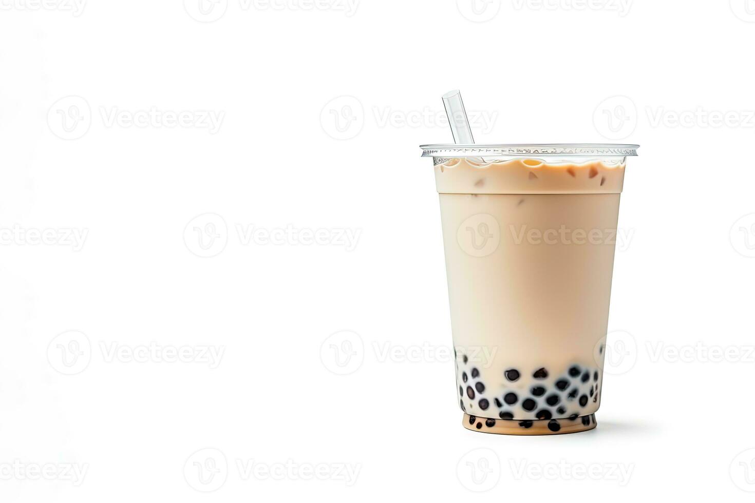 bevroren melk thee en bubbel boba in de plastic glas Aan de wit achtergrond met kopiëren ruimte. ai gegenereerd foto