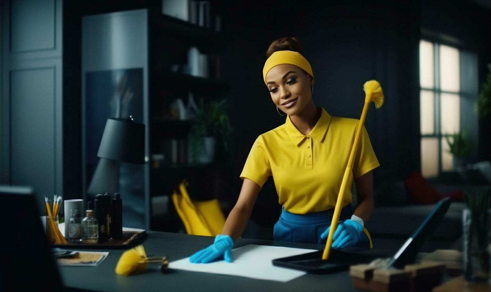 werken kantoor personeel met een schoonmaak in blauw uniformen. foto