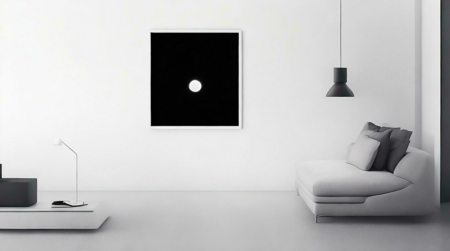minimalistisch leven kamer interieur met wit muren, beton vloer, zwart sofa en ronde koffie tafel. 3d renderen bespotten omhoog ai generatief foto