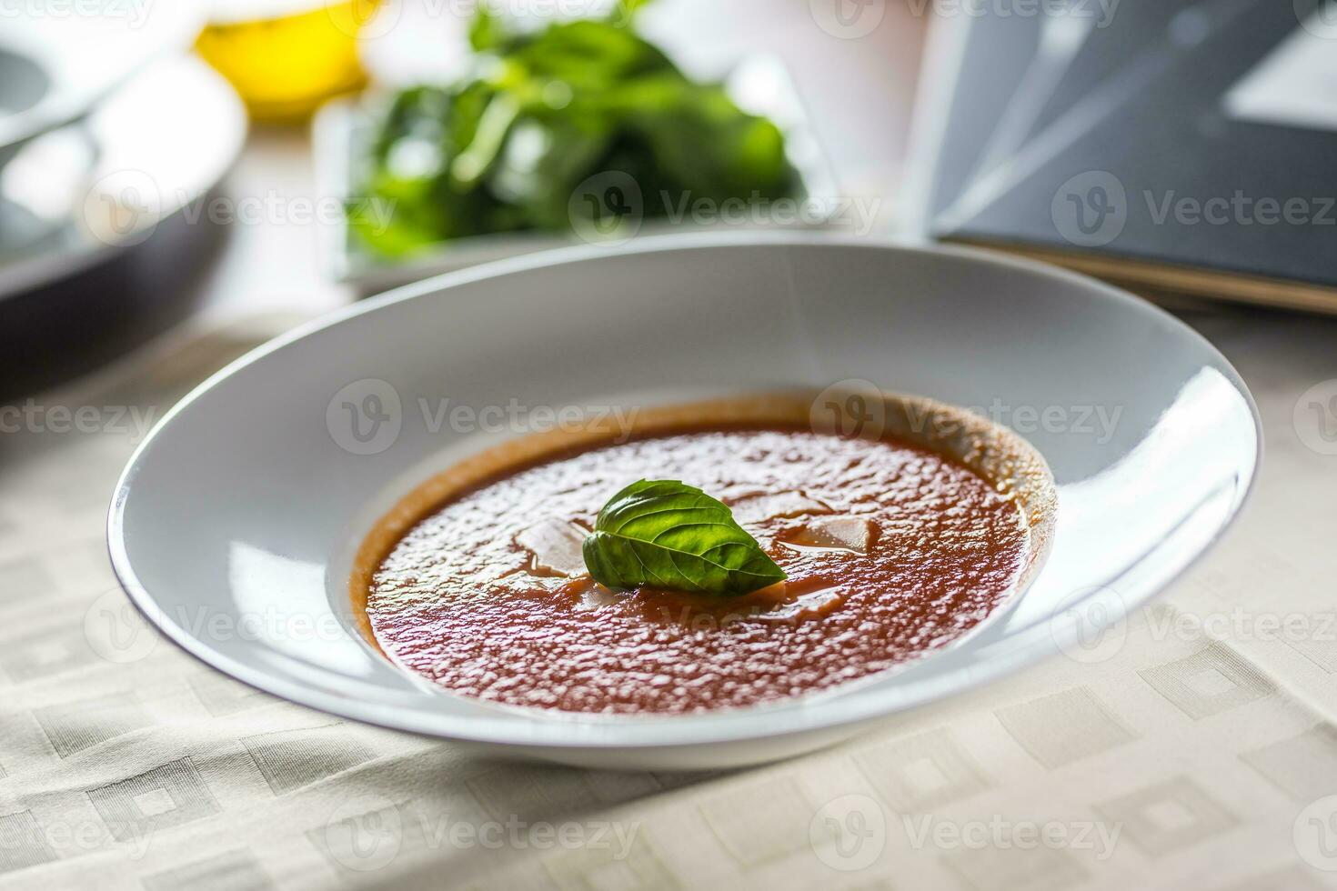 tomaat soep traditioneel middellandse Zee maaltijd met Parmezaanse kaas en basilicum foto