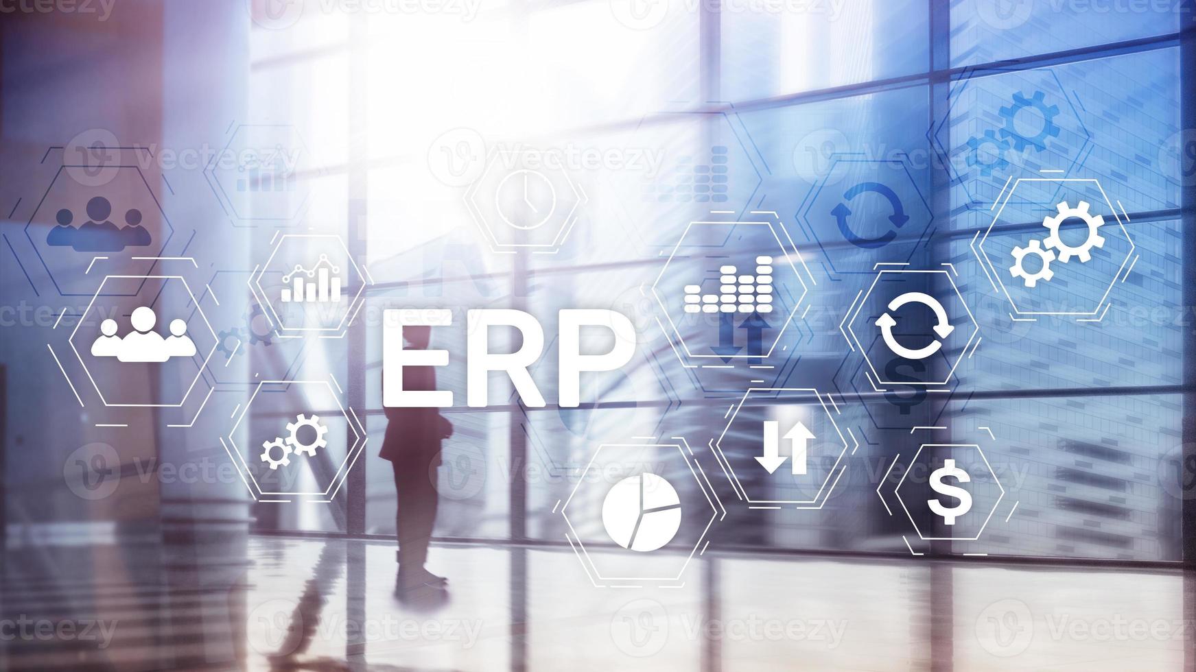 erp-systeem, enterprise resource planning op onscherpe achtergrond. bedrijfsautomatisering en innovatieconcept. foto