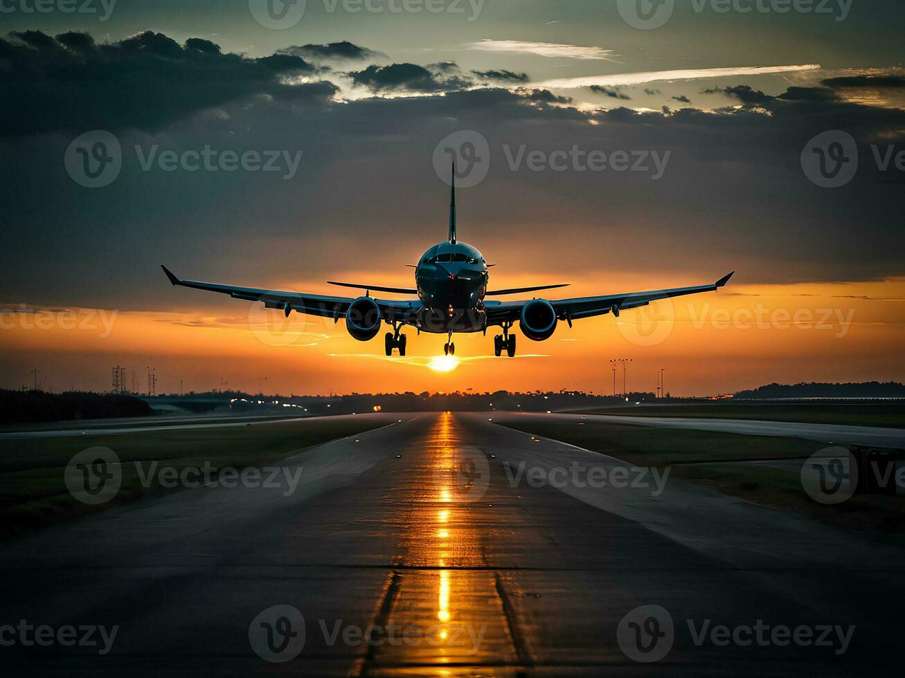 vlak duurt uit Bij zonsondergang, landingsbaan in de avond nevel, luchtvaart illustratie, reizen romantisch. foto