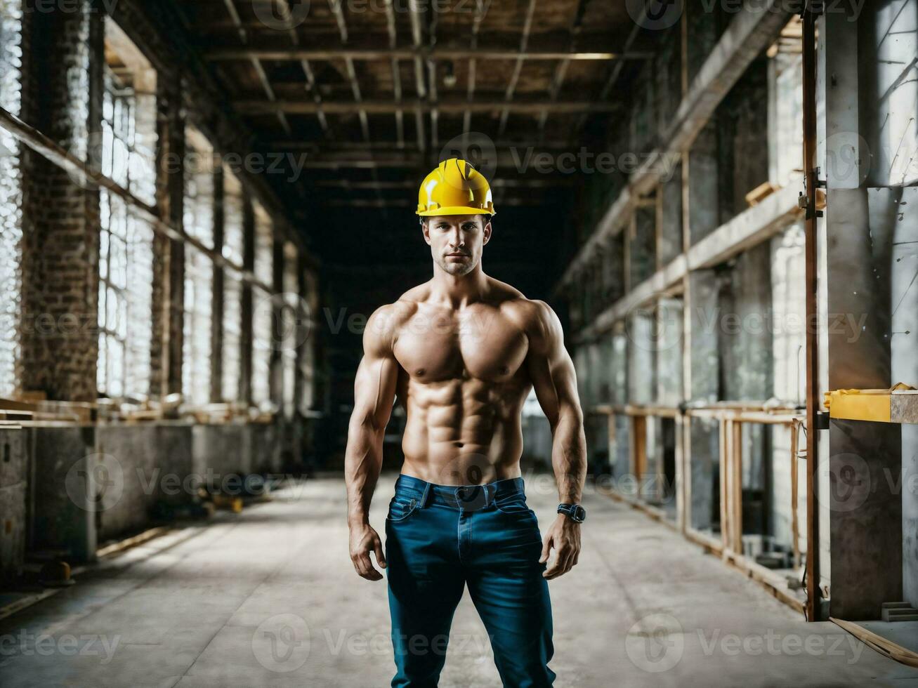 foto van Mens net zo een bouw arbeider met helm, generatief ai