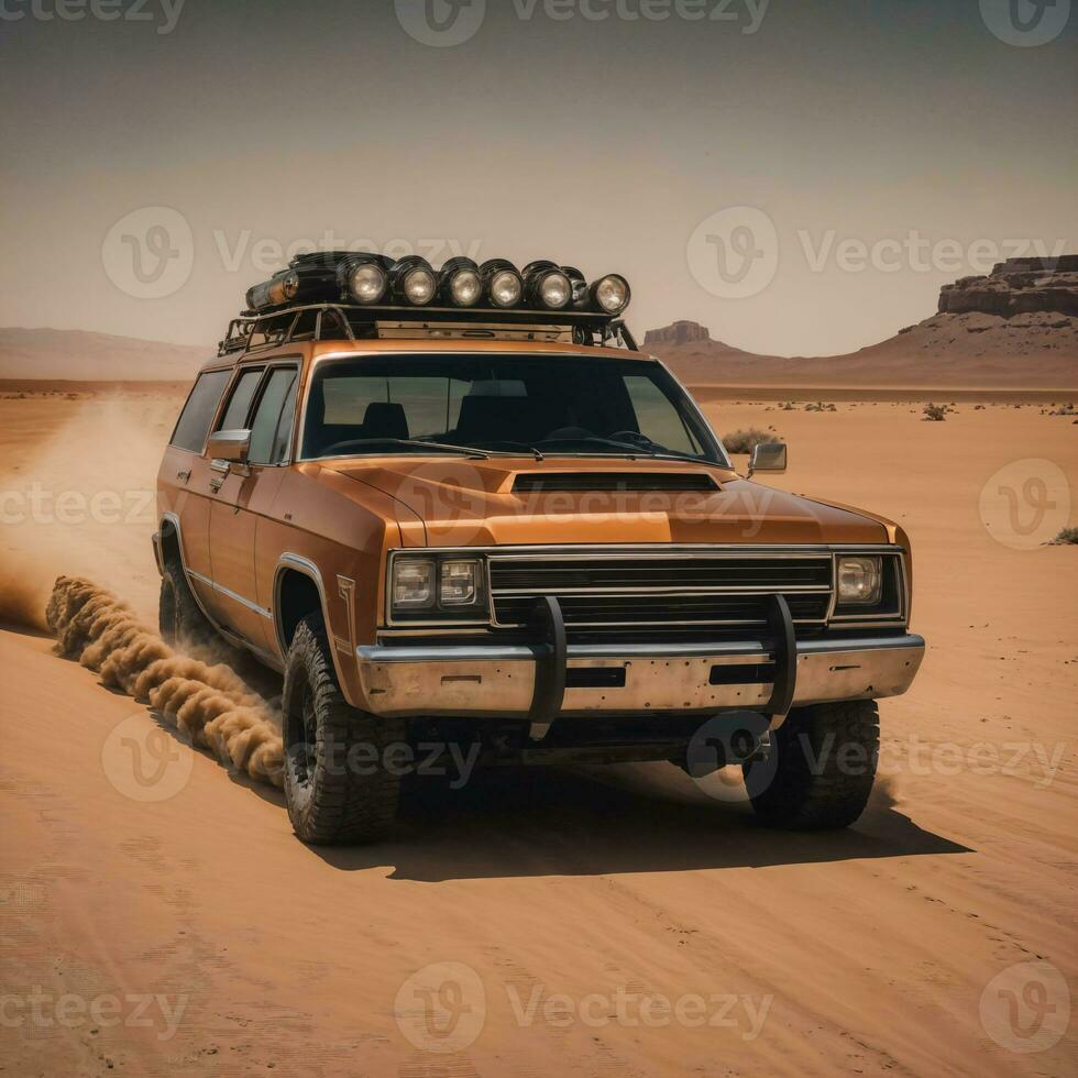 foto van vrachtauto in heet zand woestijn, generatief ai