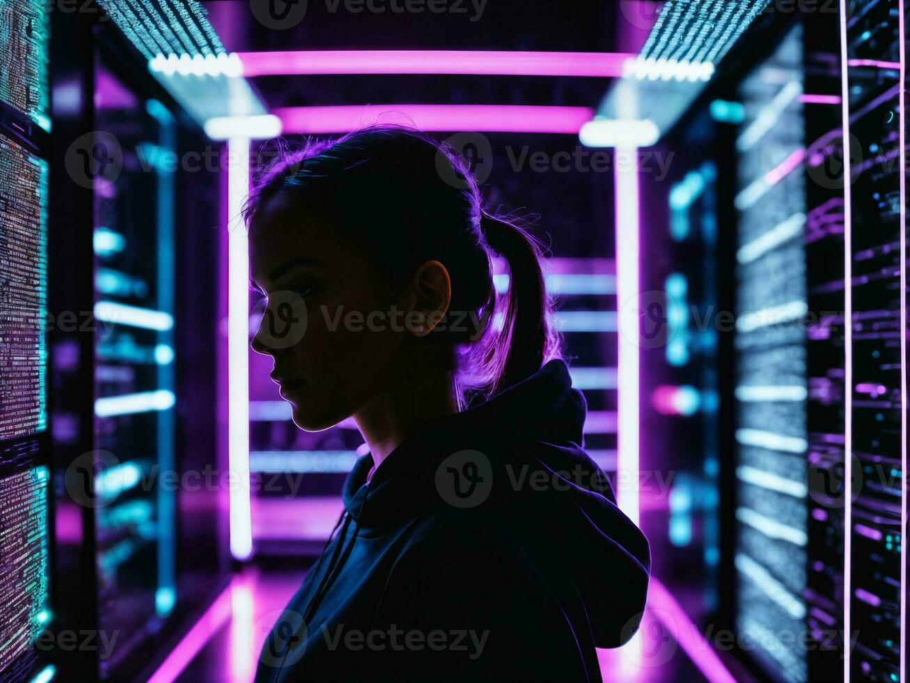 foto van vrouw in zwart capuchon in server gegevens centrum kamer met neon licht, generatief ai