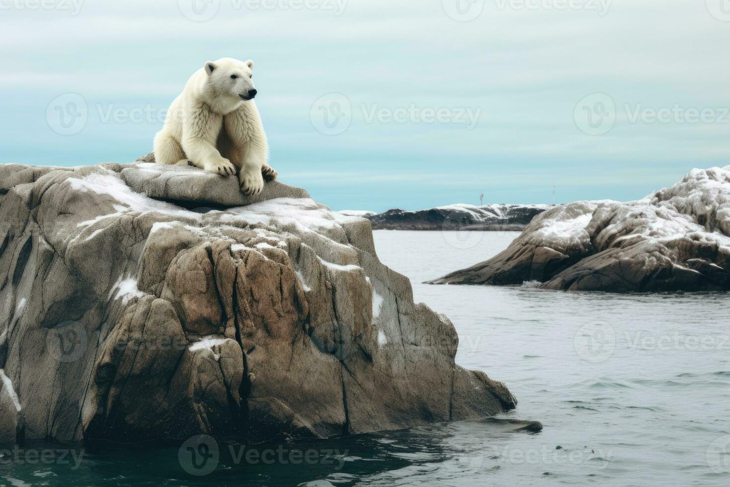 een wit polair beer is zittend Aan een rots .. gegenereerd door kunstmatig intelligentie- foto