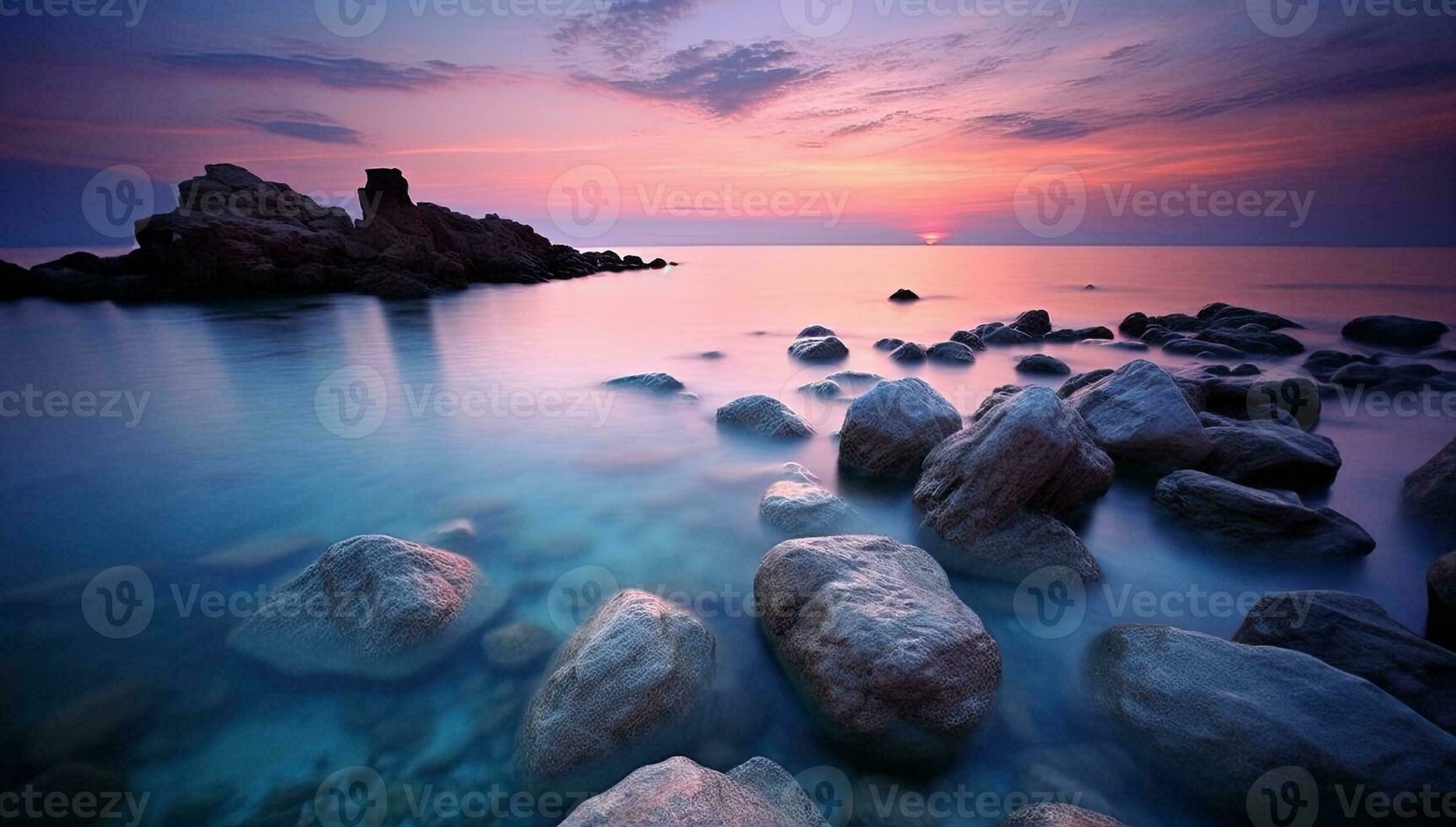 zonsopkomst over- de zee en mooi hoor strand in Purper kleur. generatief ai foto