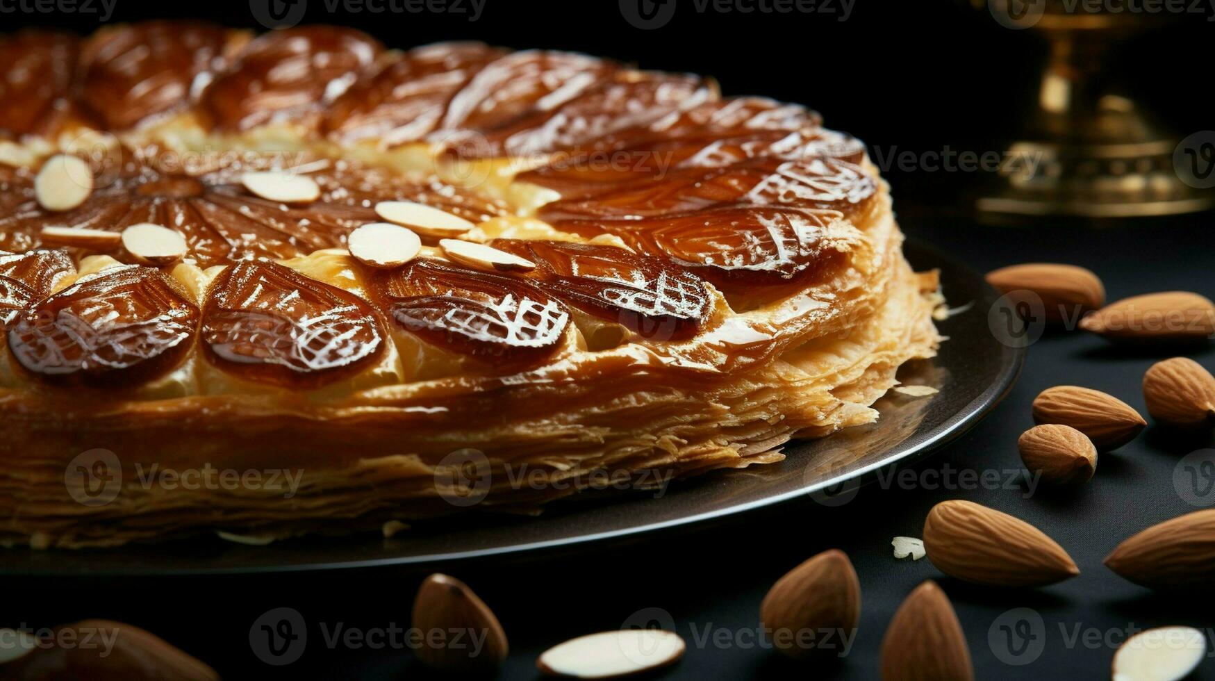 Openbaring twaalfde nacht taart, amandel galette des roos, taart van de koningen, dichtbij omhoog. foto