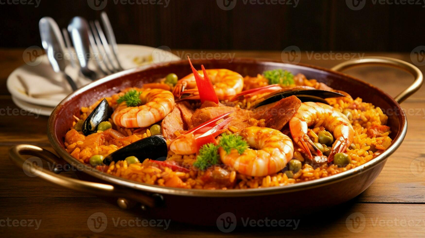 garnaal met rijst- - detailopname van garnaal met rijst- - traditioneel Spaans voedsel paëlla. foto