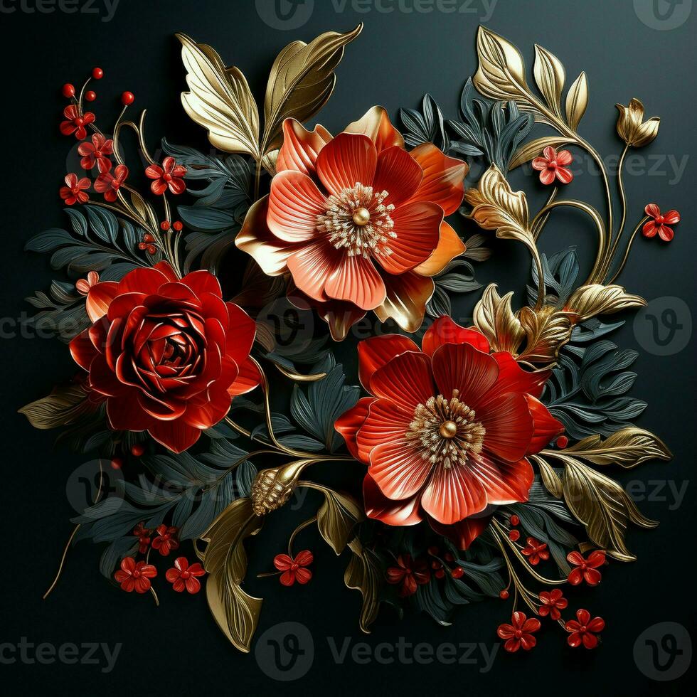 schijnend rood bloemen sieraden brokaat textiel metalen schijnen patroon kunst concept oud nieuw stijl ontwerp overladen Aan een donker achtergrond foto