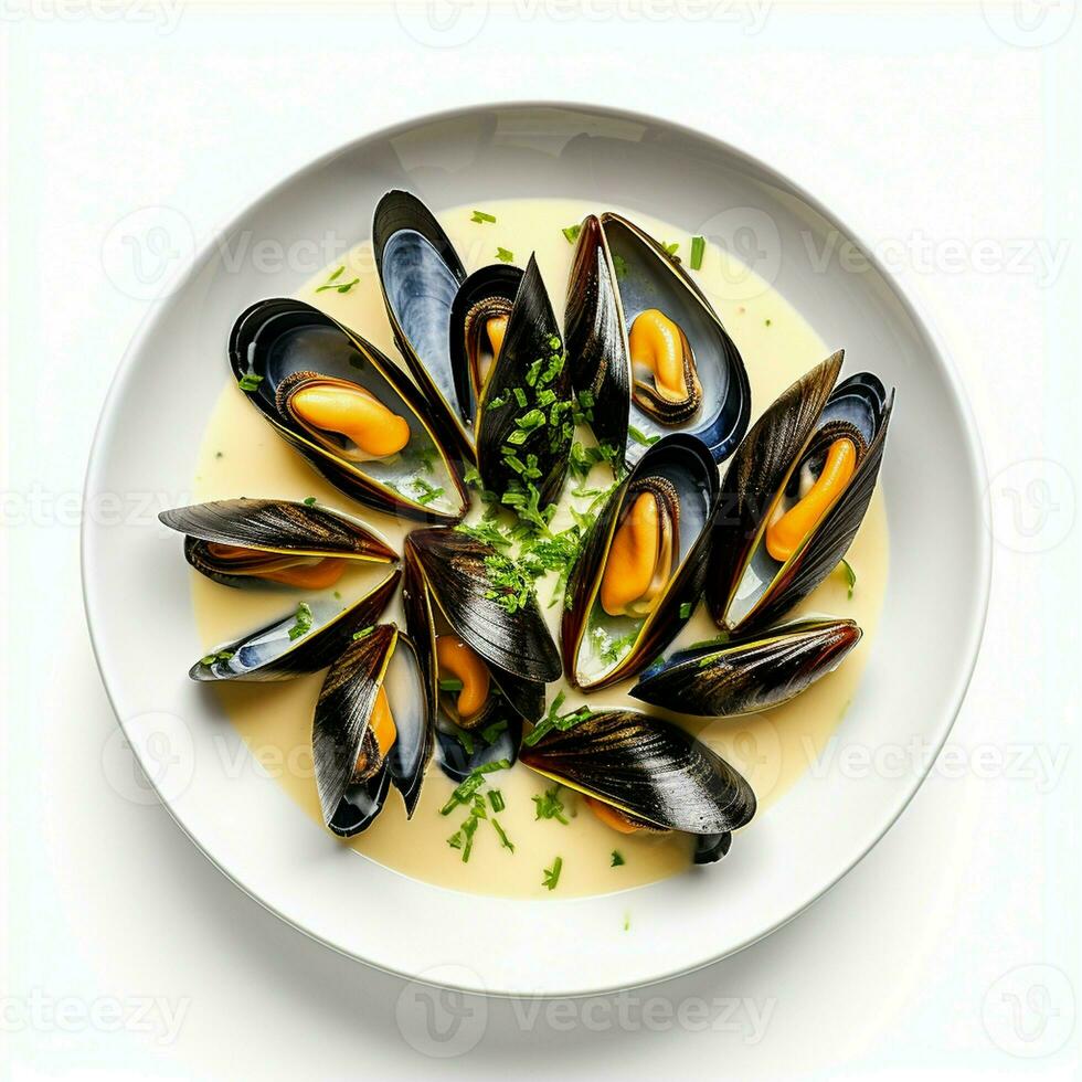 mossel met wit wijn saus Aan tafel wit achtergrond. foto