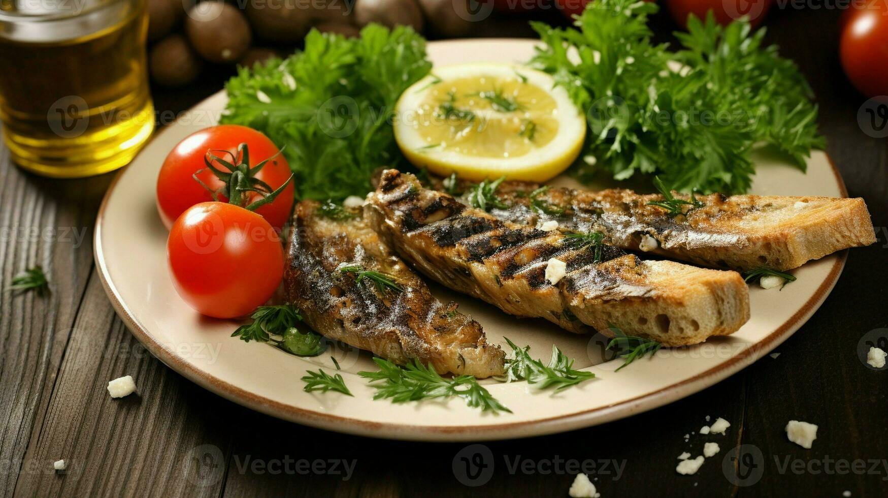 gegrild sardines met salade, brood en aardappel, Portugal luxe achtergrond foto