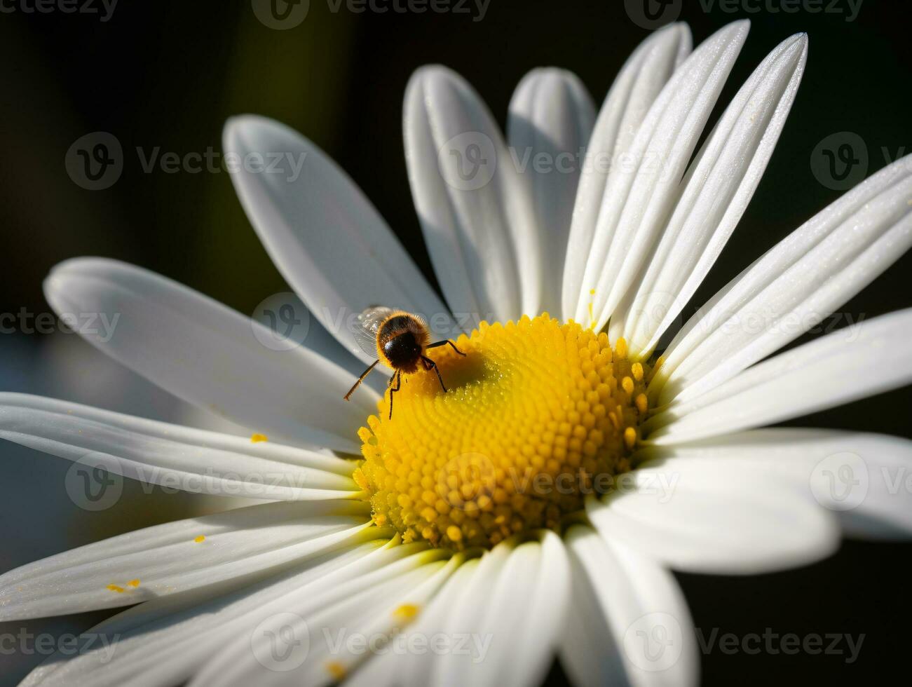 wit madeliefje met vlieg in zacht natuurlijk licht - macro fotografie - ai gegenereerd foto