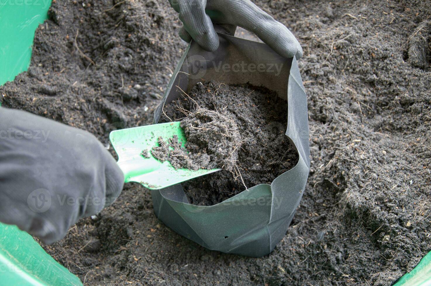 boeren zijn inpakken oppotten bodem in zaaien Tassen. foto