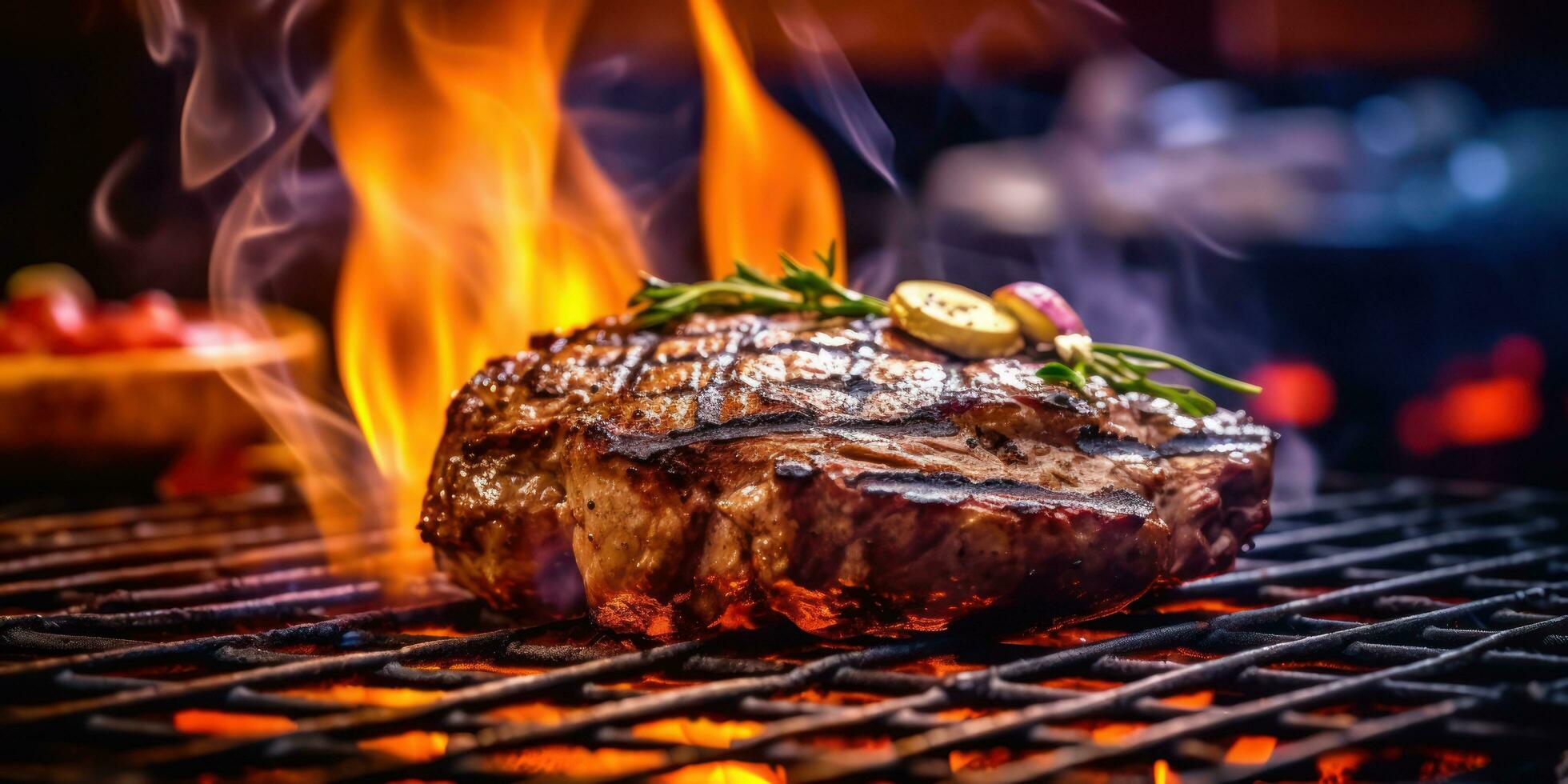 een steak is wezen gekookt Aan een rooster in voorkant van vlammen ai gegenereerd foto