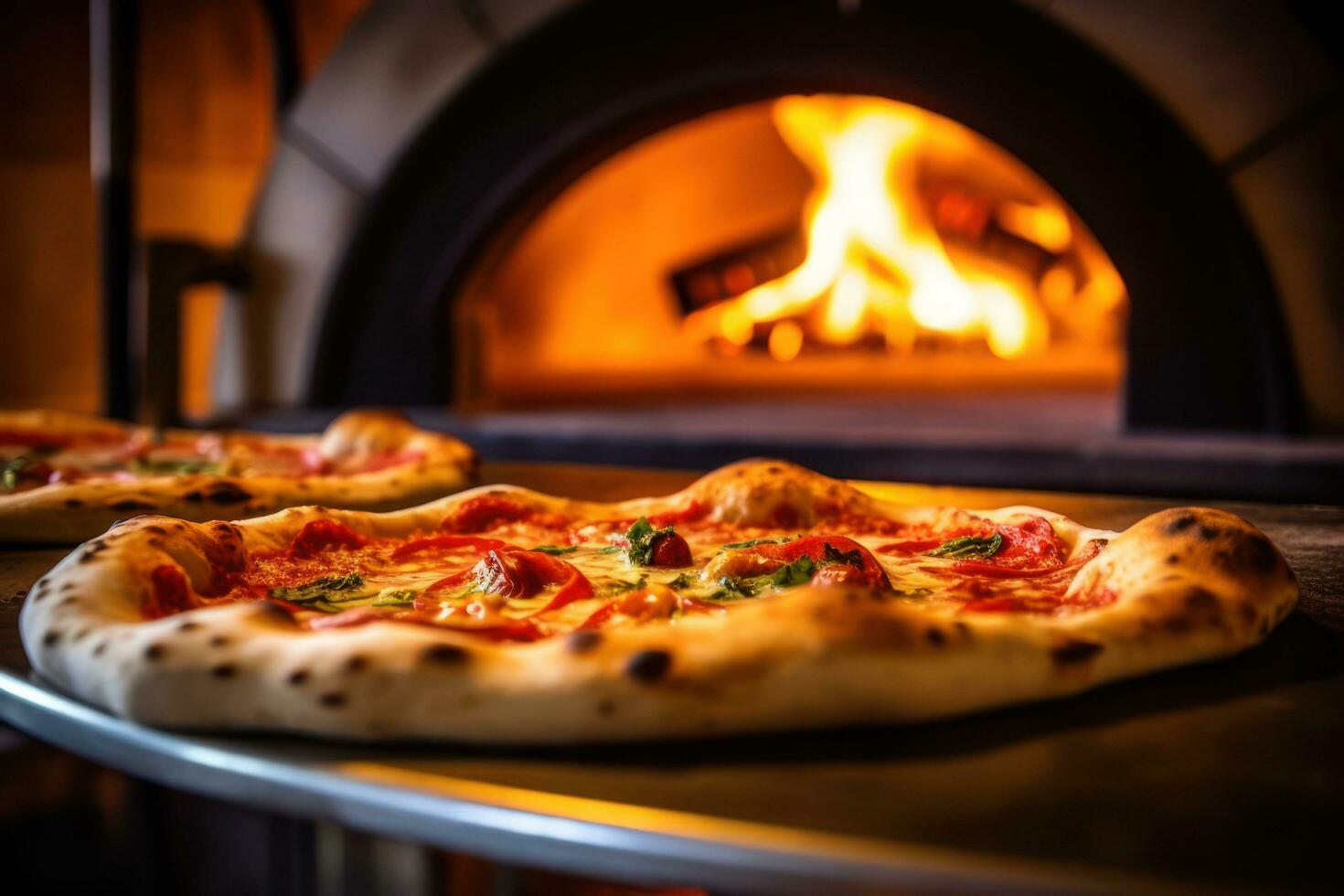 twee pizza's zijn zittend in voorkant van een hout ontslagen oven ai gegenereerd foto