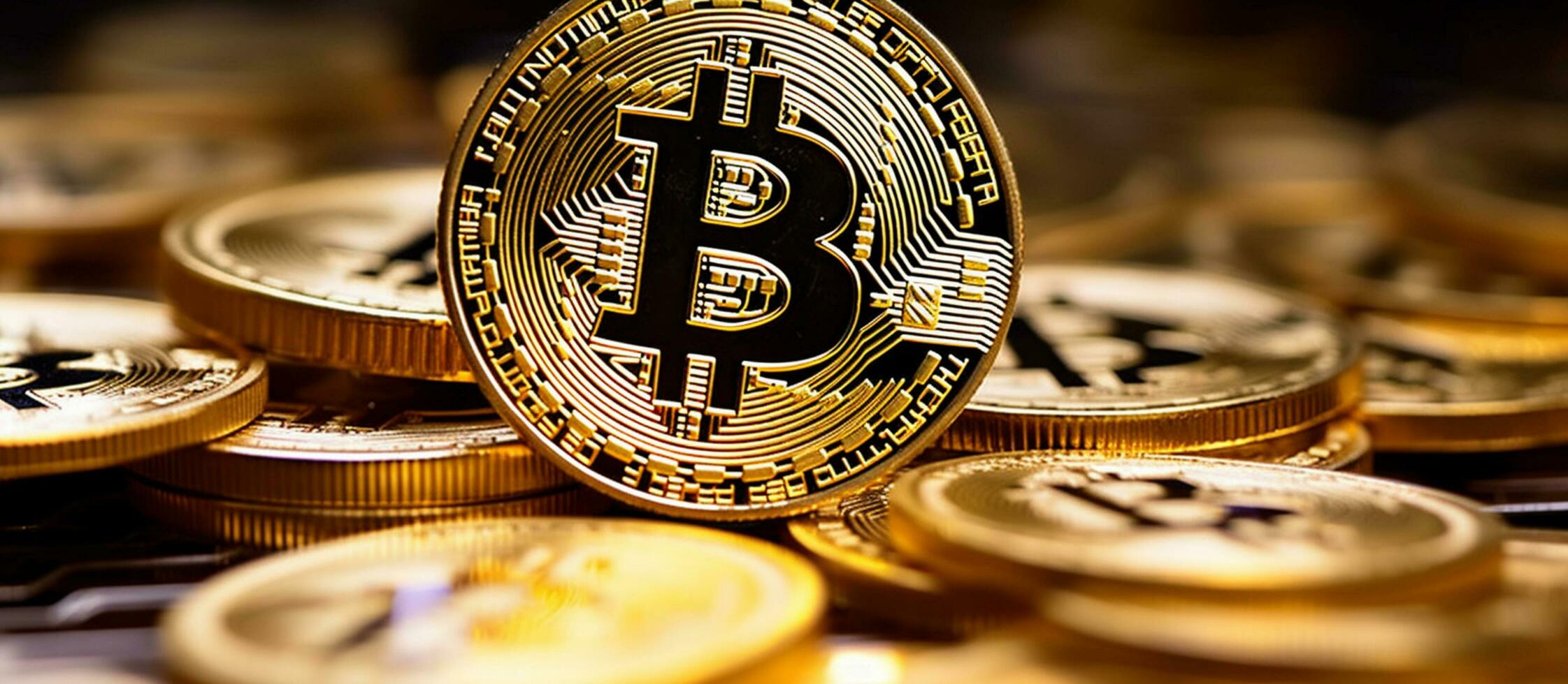 cryptogeld bitcoin - detail van fysiek goud munten en toekomst digitaal munteenheid. generatief ai, foto