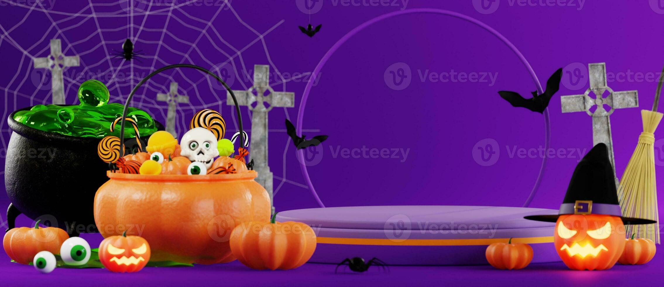 3d renderen illustratie ontwerp voor halloween banier met pompoen, kruisbeeld, schedel, kaars, snoep, geefdoos ,graf Aan achtergrond. foto