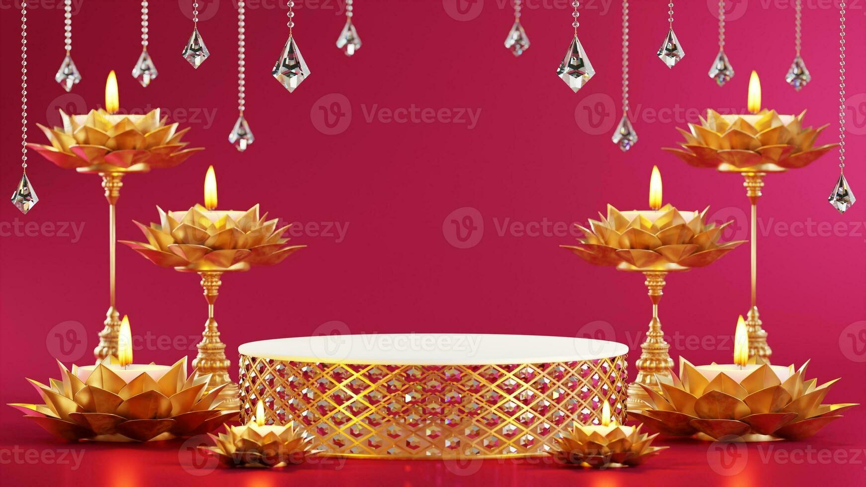 3d renderen podium voor diwali festival, deepavali of diwali de festival van lichten Indië met goud diya Aan podium, gevormde en Kristallen Aan kleur achtergrond. foto