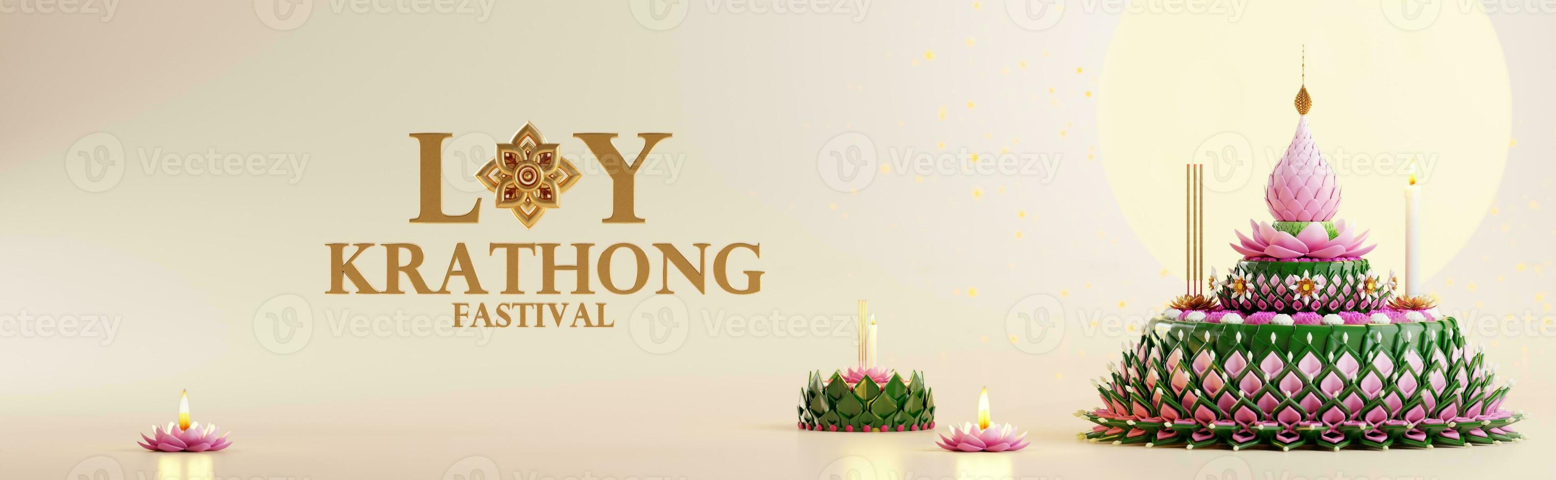 3d renderen illustratie loy krathong festival en yi peng festival in Thailand krathong van banaan bladeren, bloemen, kaarsen en wierook stokken, volle maan, rivier, en nacht achtergrond kleur. foto