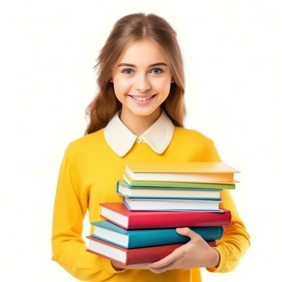 schoolmeisje met levendig boeken geïsoleerd. foto