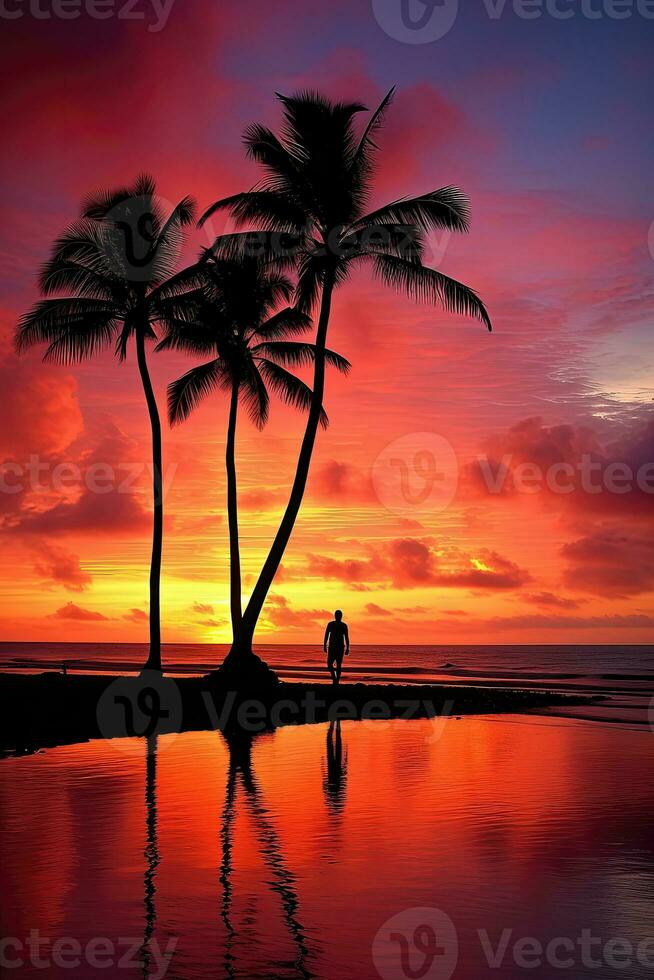 tropisch strand Bij zonsondergang - ai generatief foto