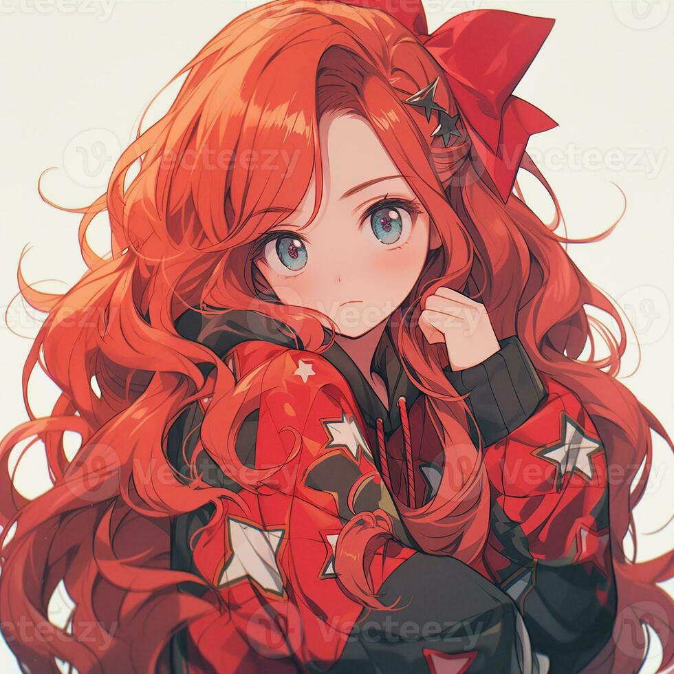 mooi anime meisje met rood haar- getrokken rug. gemaakt met generatief ai foto