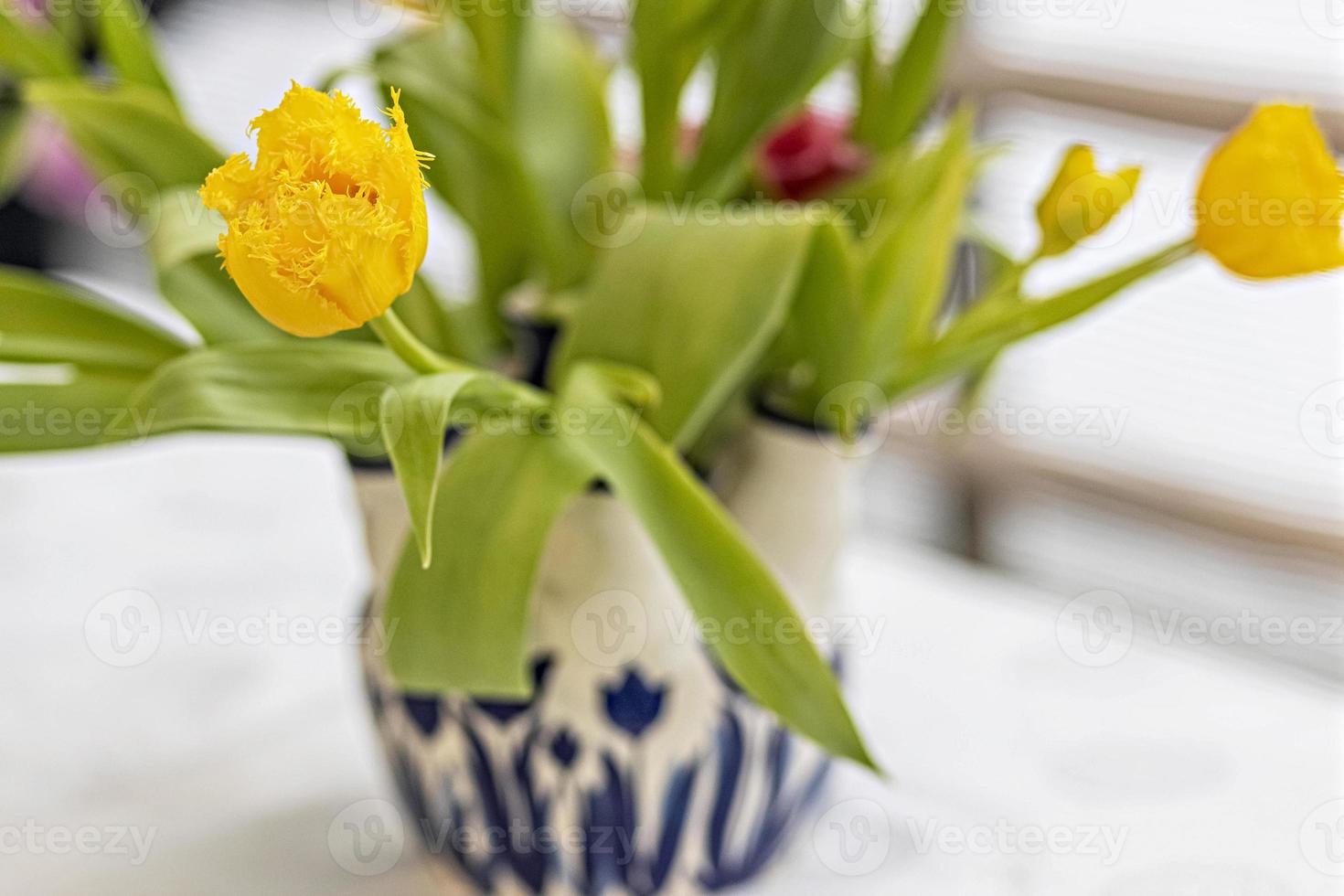 gele tulpen in een vaas in de tuin foto