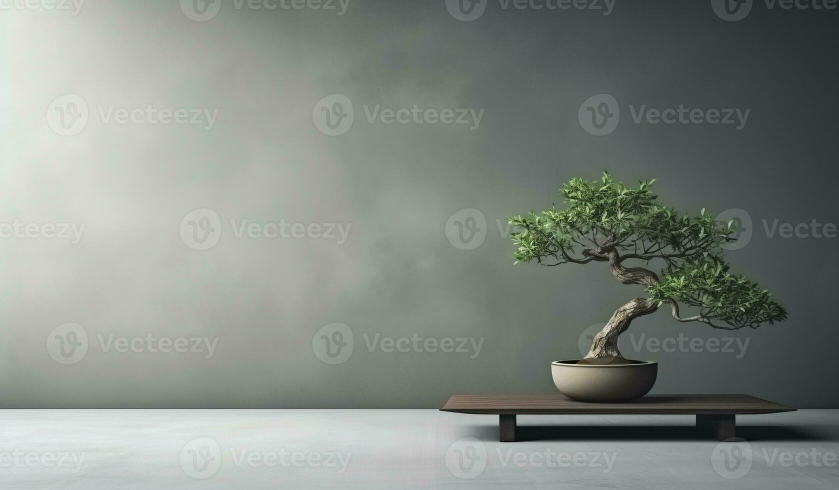 bonsai staand in pot Aan houten tafel in leeg kamer, grijs achtergrond, japans stijl foto