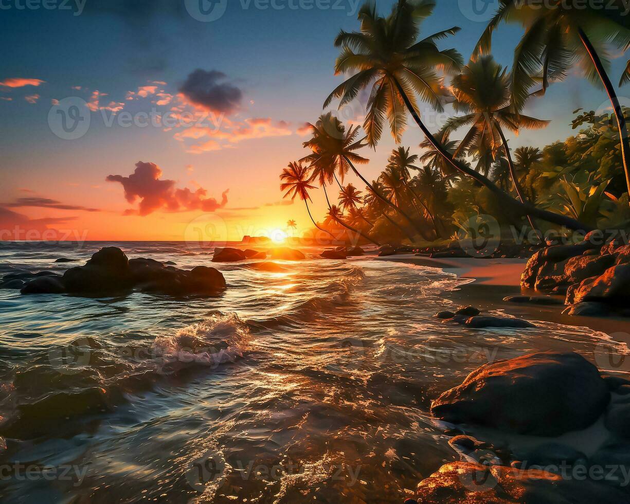 ai gegenereerd. rustig zonsondergang over- een uitgestorven strand met palm bomen. foto