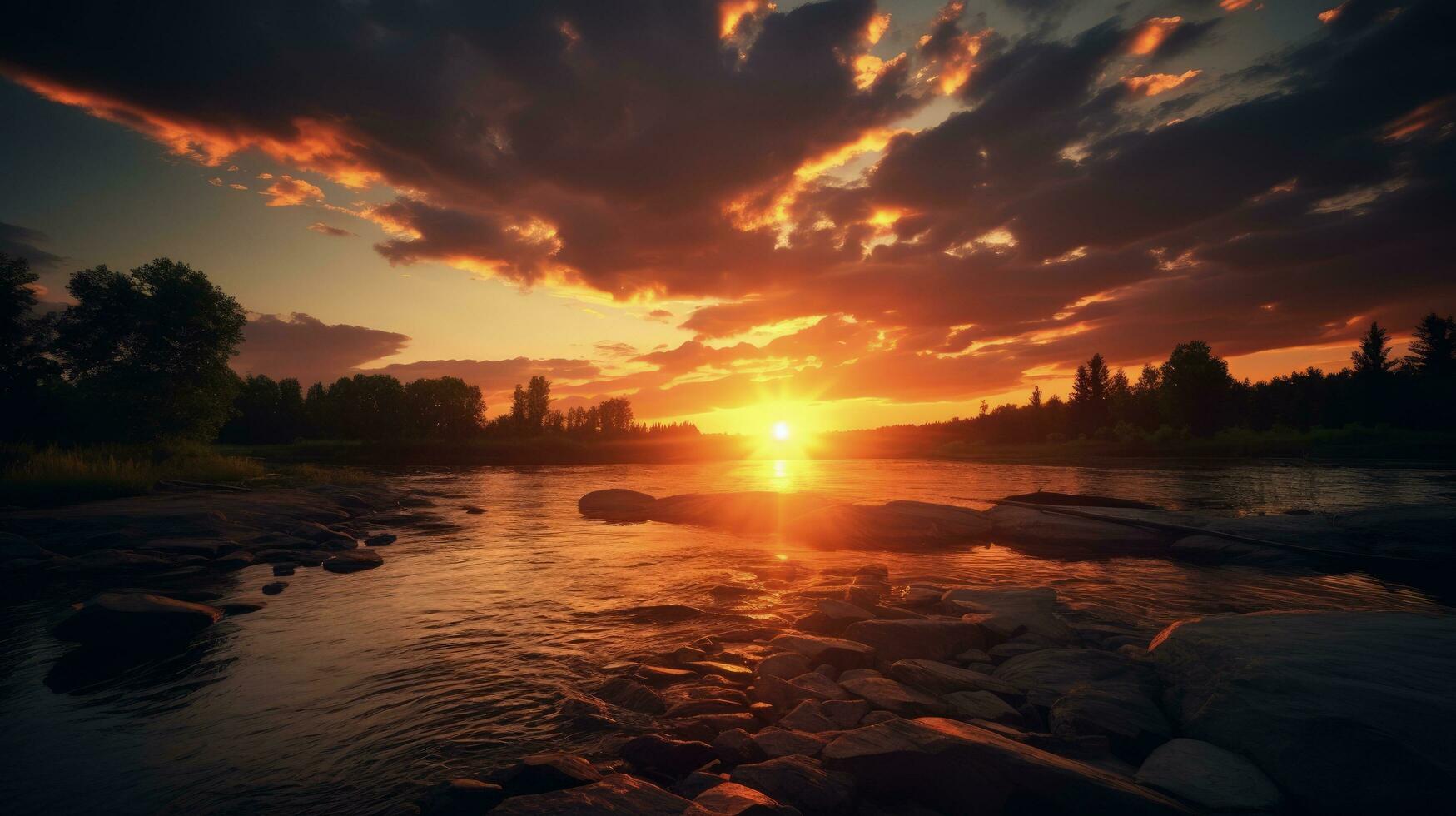 levendig zonsondergang afbeelding toneel- rivier- visie. silhouet concept foto