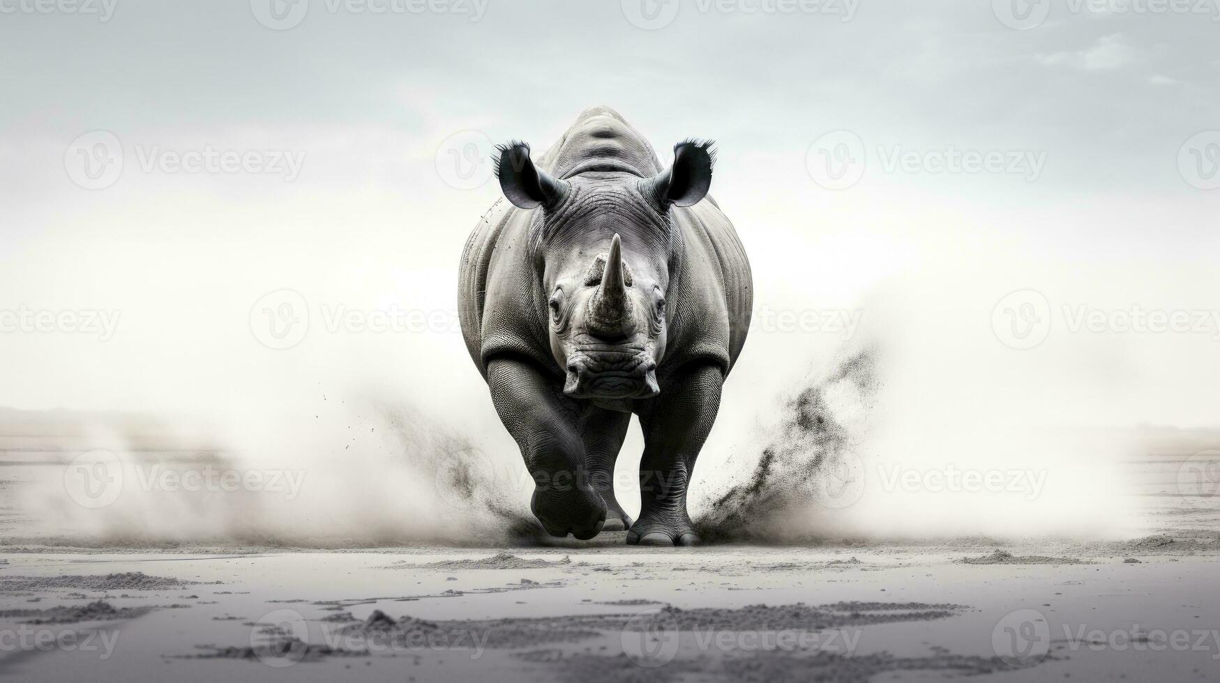 zwart en wit dier poster met een zwart neushoorn in de namibisch woestijn dramatisch tafereel en ontwerp. silhouet concept foto