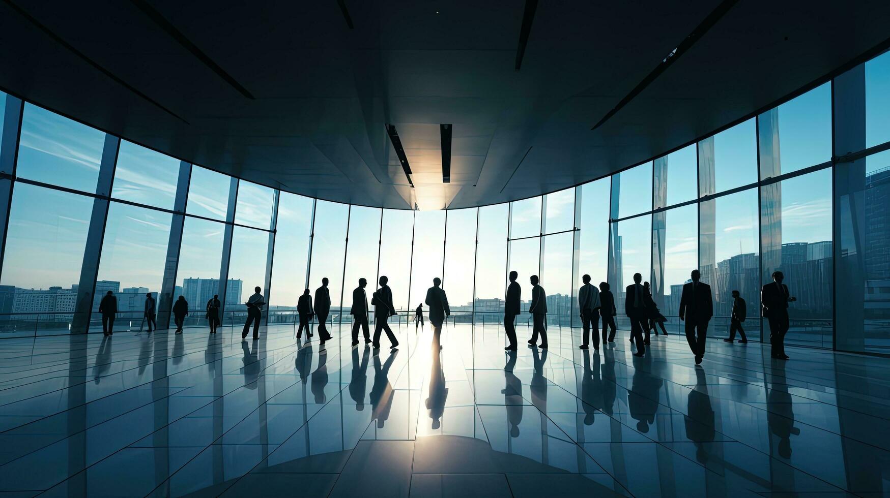 vis oog visie van mensen wandelen in een hedendaags gebouw silhouet foto