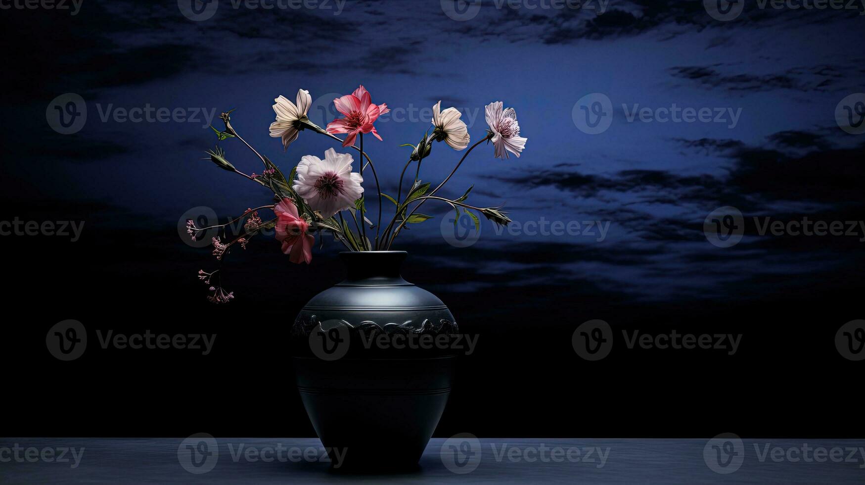 lucht achtergrond met vaas in voorkant met bloemen. silhouet concept foto