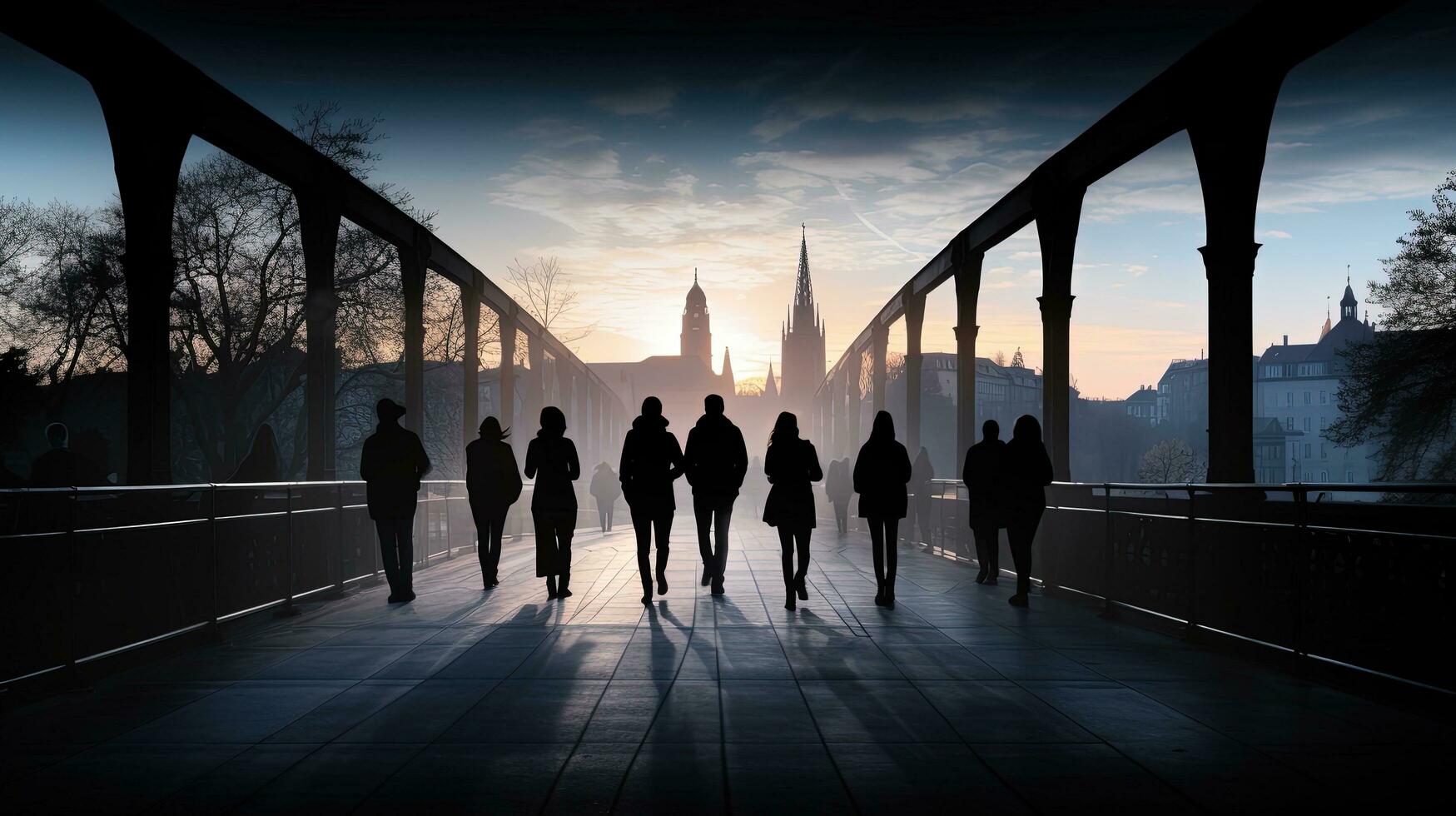 voetgangers Aan Freiburg brug gips schaduwen. silhouet concept foto