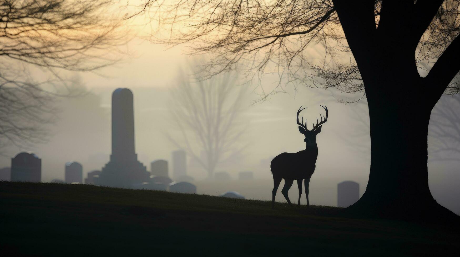 mistig ochtend- silhouet van een hert in begraafplaats foto