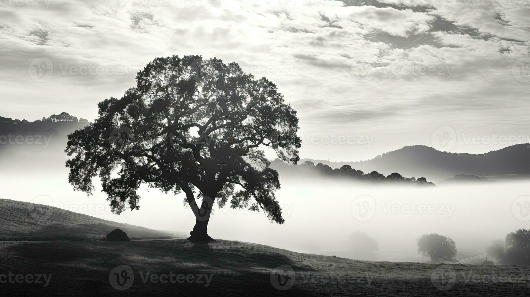 monochroom afbeelding van een reusachtig eik boom Aan een mistig Californië helling Bij zonsopkomst. silhouet concept foto