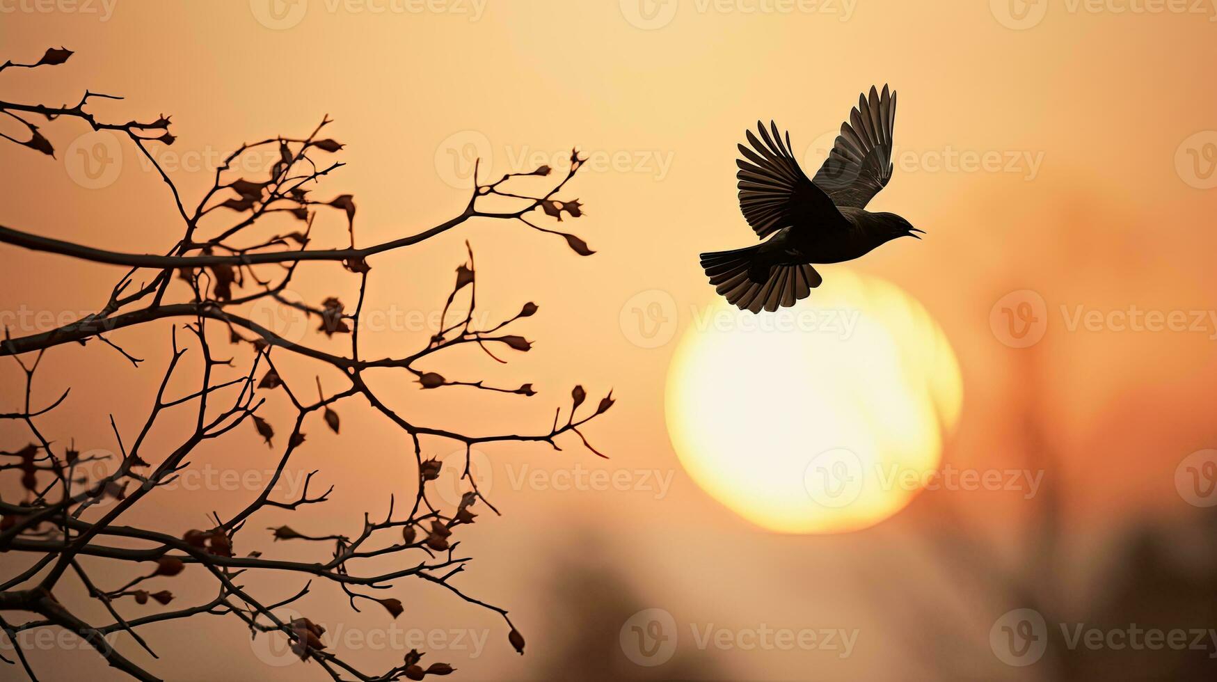 een vliegend vogel temidden van klein takken. silhouet concept foto