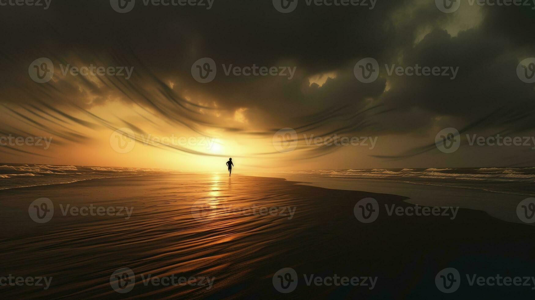 een eenzaam figuur sprinten langs een troosteloos kust net zo de wind gardes zand aan de overkant de strand. silhouet concept foto