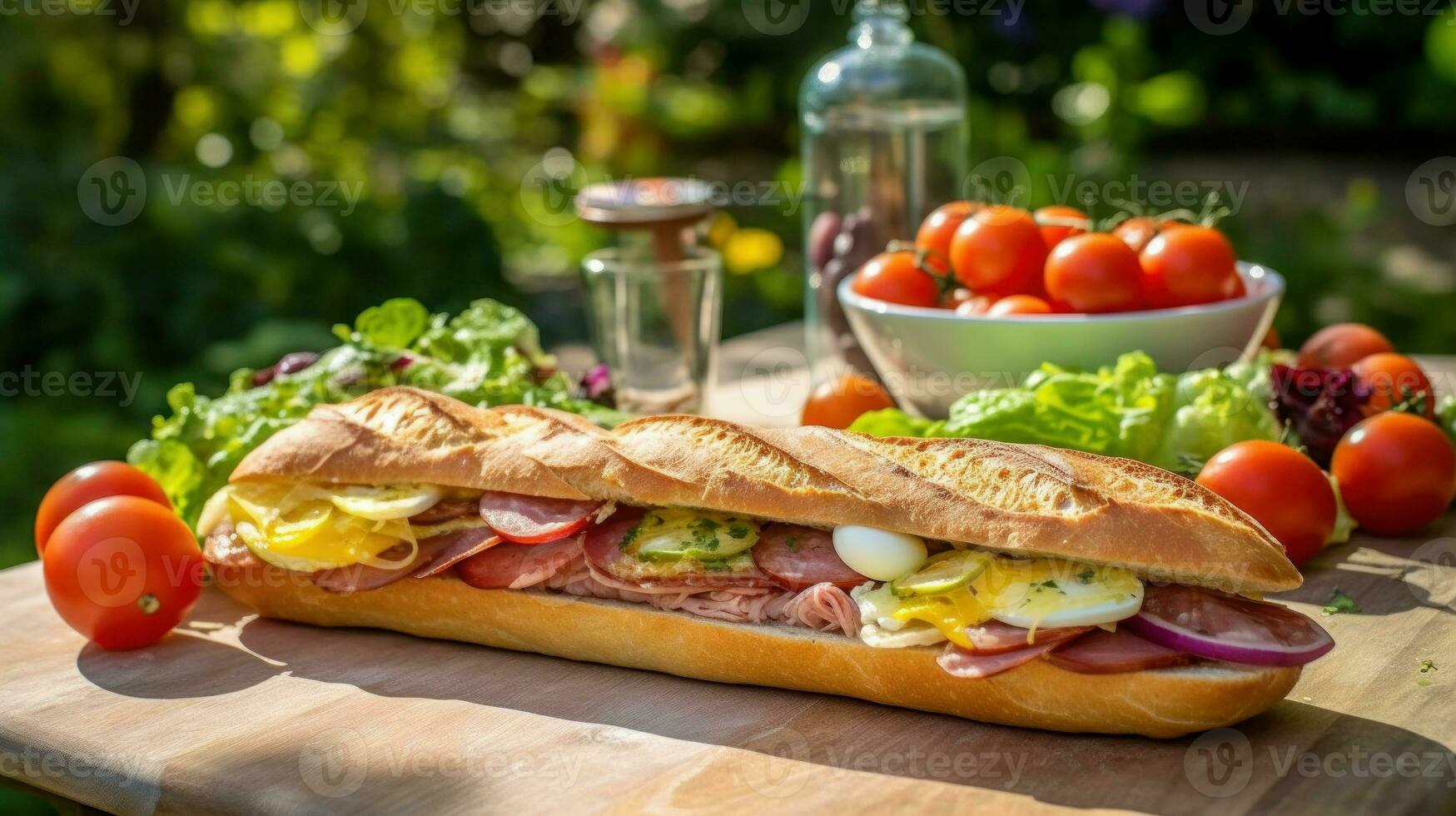 lang Frans baguette gevulde met ham, eieren, groenten en saus klaar naar eten Aan een tafel buitenshuis. generatief ai foto