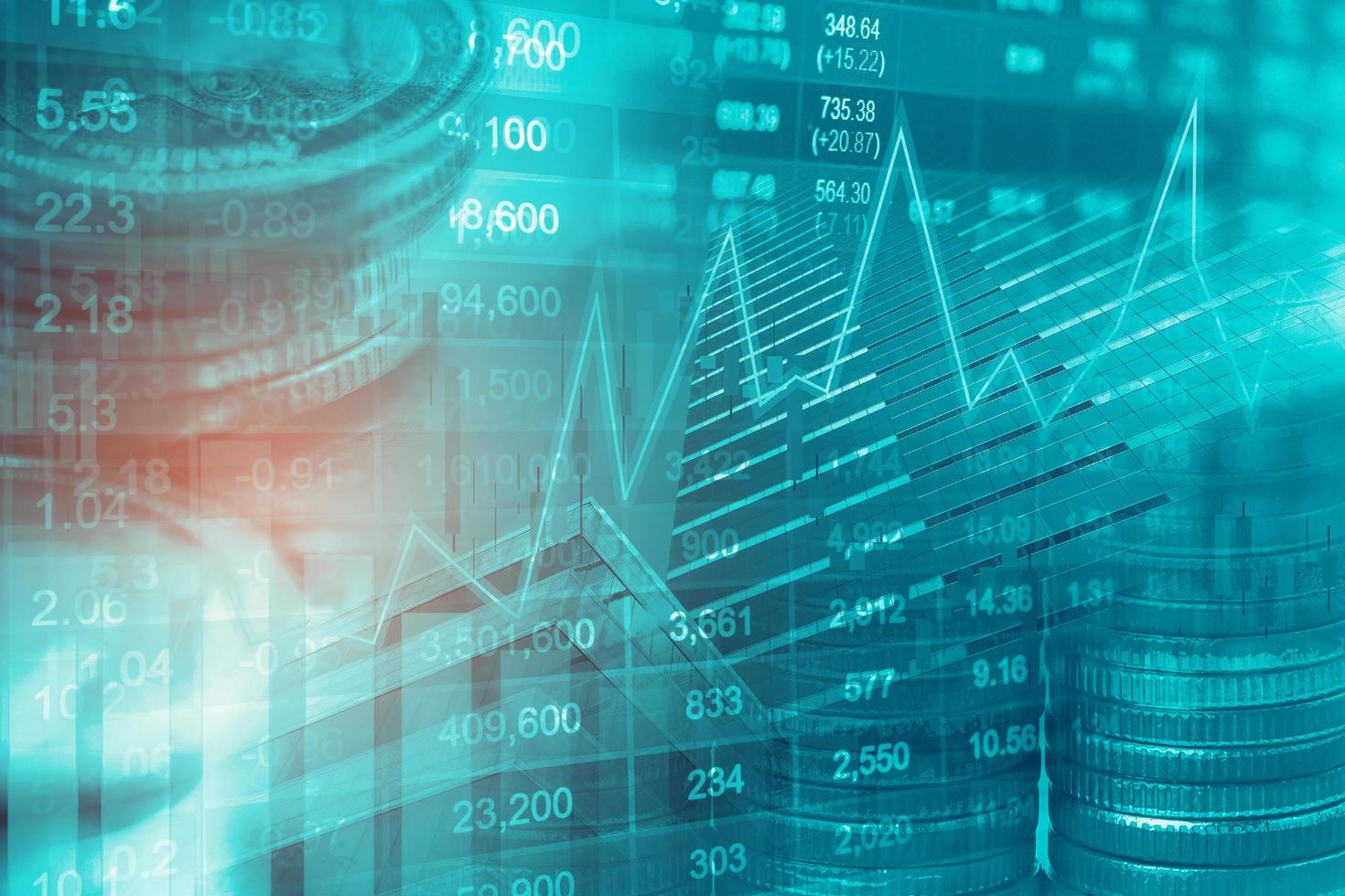 beursinvesteringen trading financiële, munt- en grafiekgrafiek of forex voor het analyseren van winstfinanciën zakelijke trendgegevensachtergrond. foto