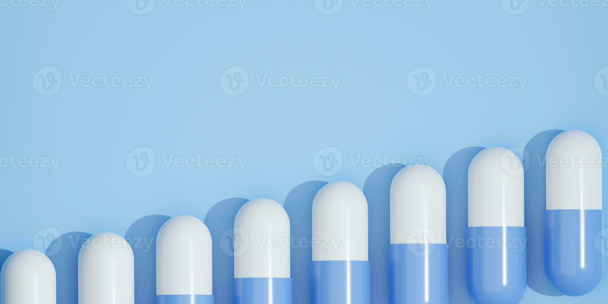 geneeskunde tablet pillen Aan blauw achtergrond. 3d weergave. medisch schadelijk concept. gevaarlijk drugs. leeg ruimte voor tekst. foto