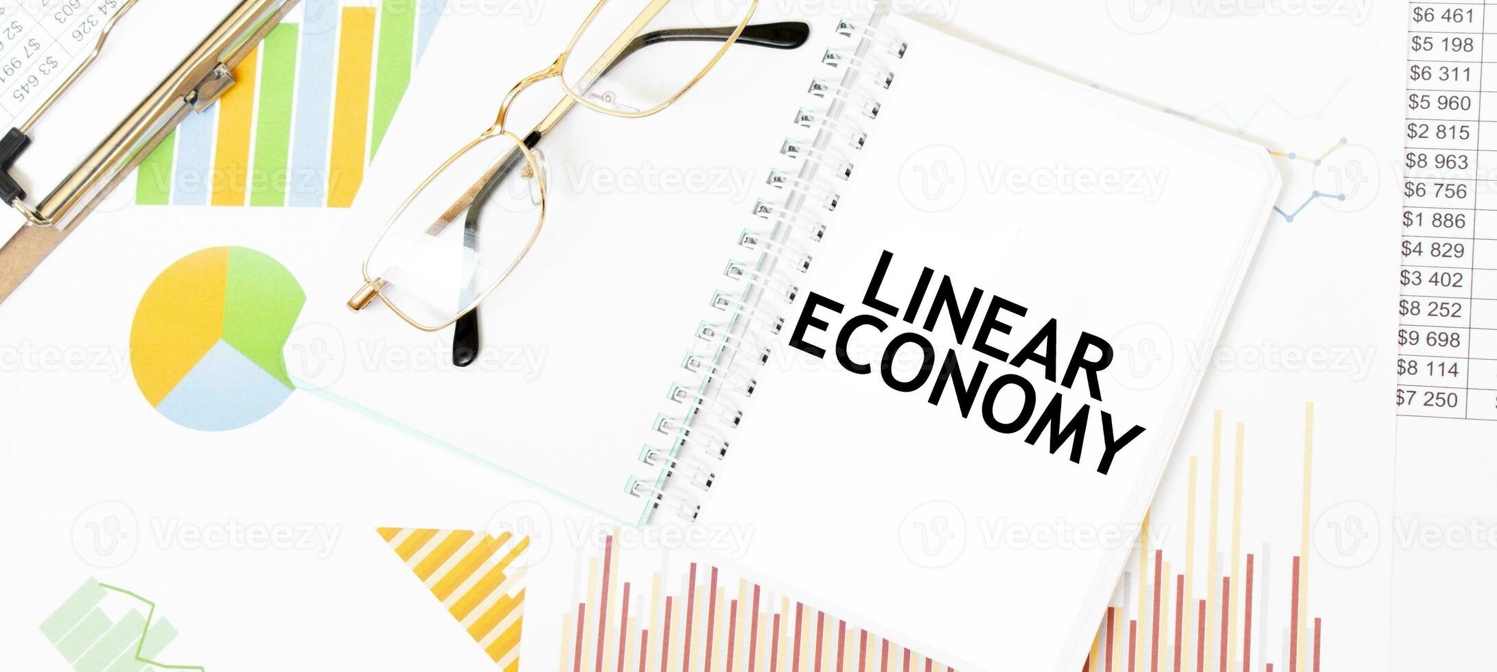 tekst lineair economie Aan wit kladblok, bril, grafieken en diagrammen. foto