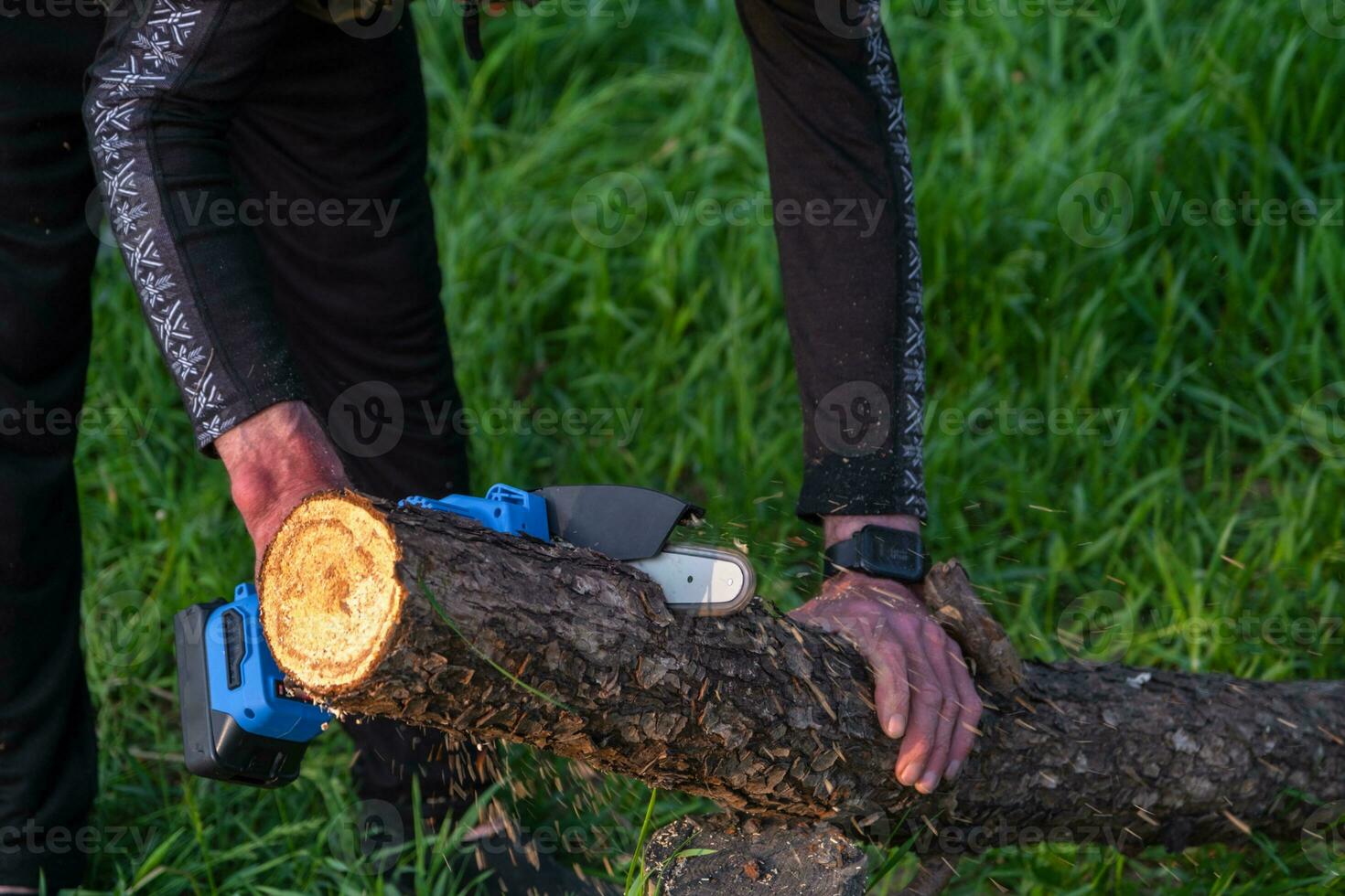 in de hand gehouden portable camping elektrisch zag Aan een accu voor snijdend brandhout en hout. detailopname, een hand- zagen een log, splinters vliegend foto